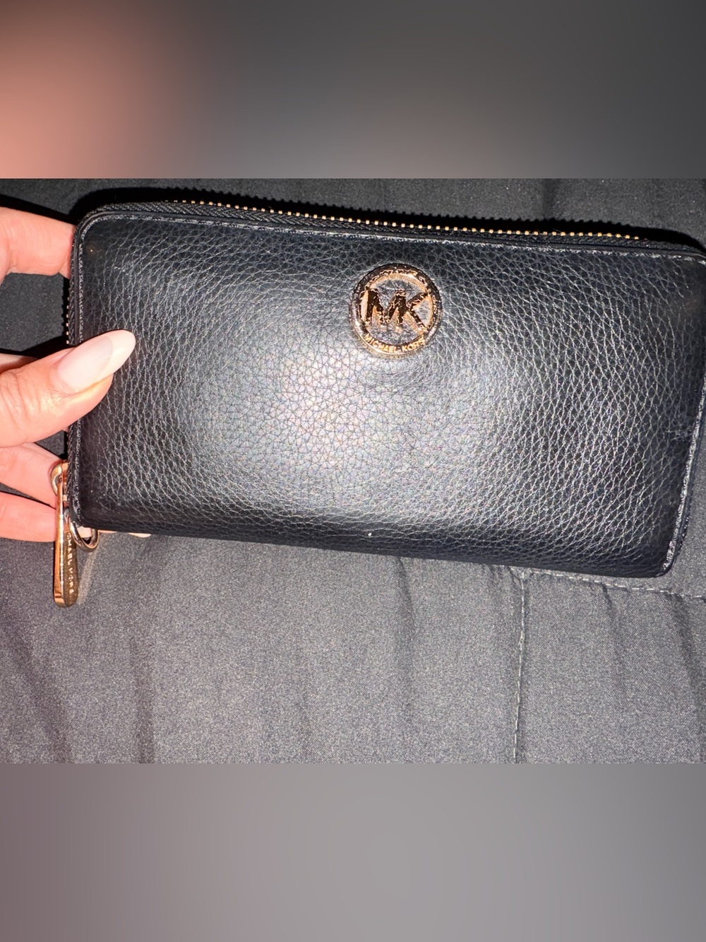 Michael Kors Black Leather Zip Wallet with Gold Logo